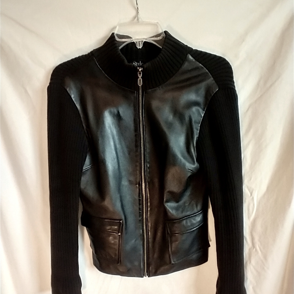 Style & Co Petite Black Leather Sweater Jacket Size S
